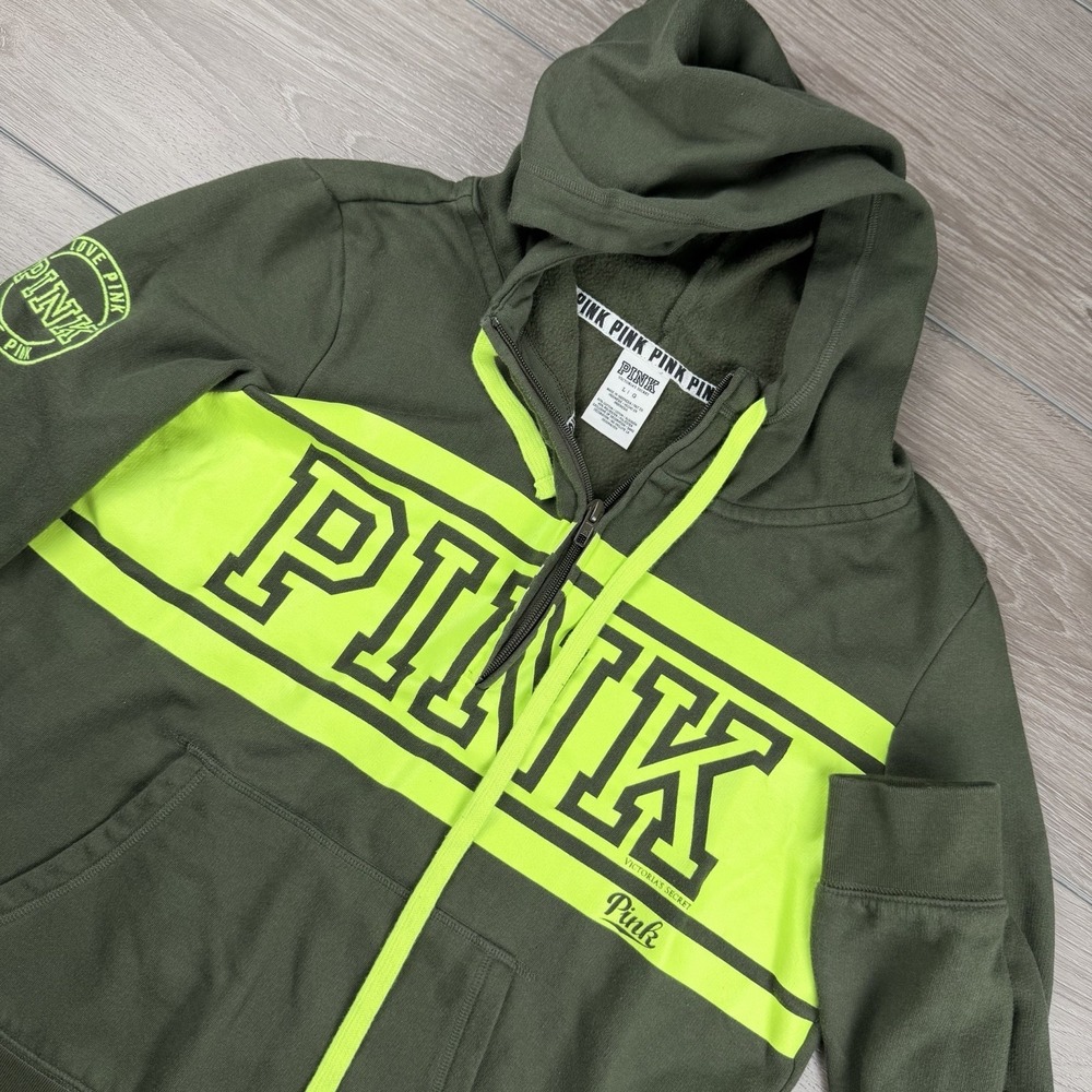 Victorias Secret Pink Women's Full Zip Hooded Sellout Sweatshirt Green Large